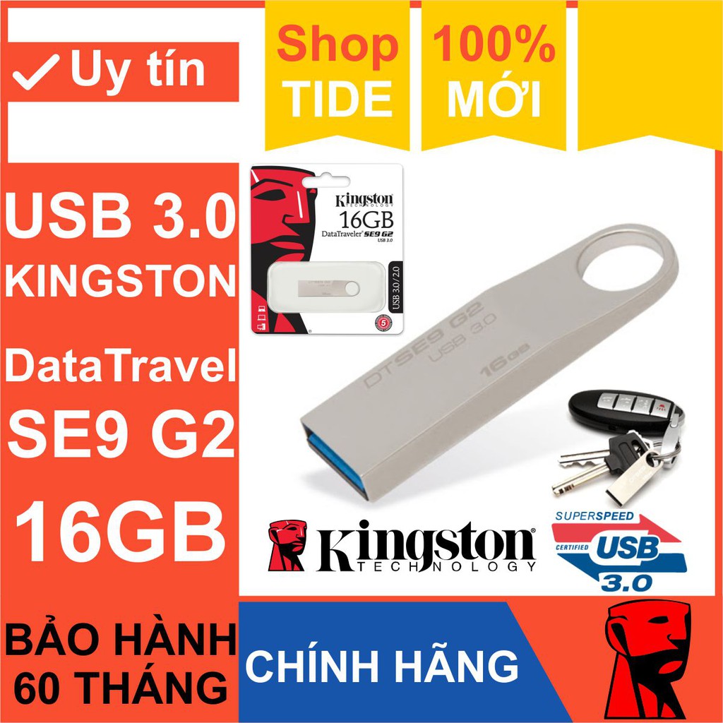 USB 3.0 Kingston SE9G2 16GB – Kingston DataTraveler - Vỏ thép nguyên khối - CHÍNH HÃNG – BH 5 năm