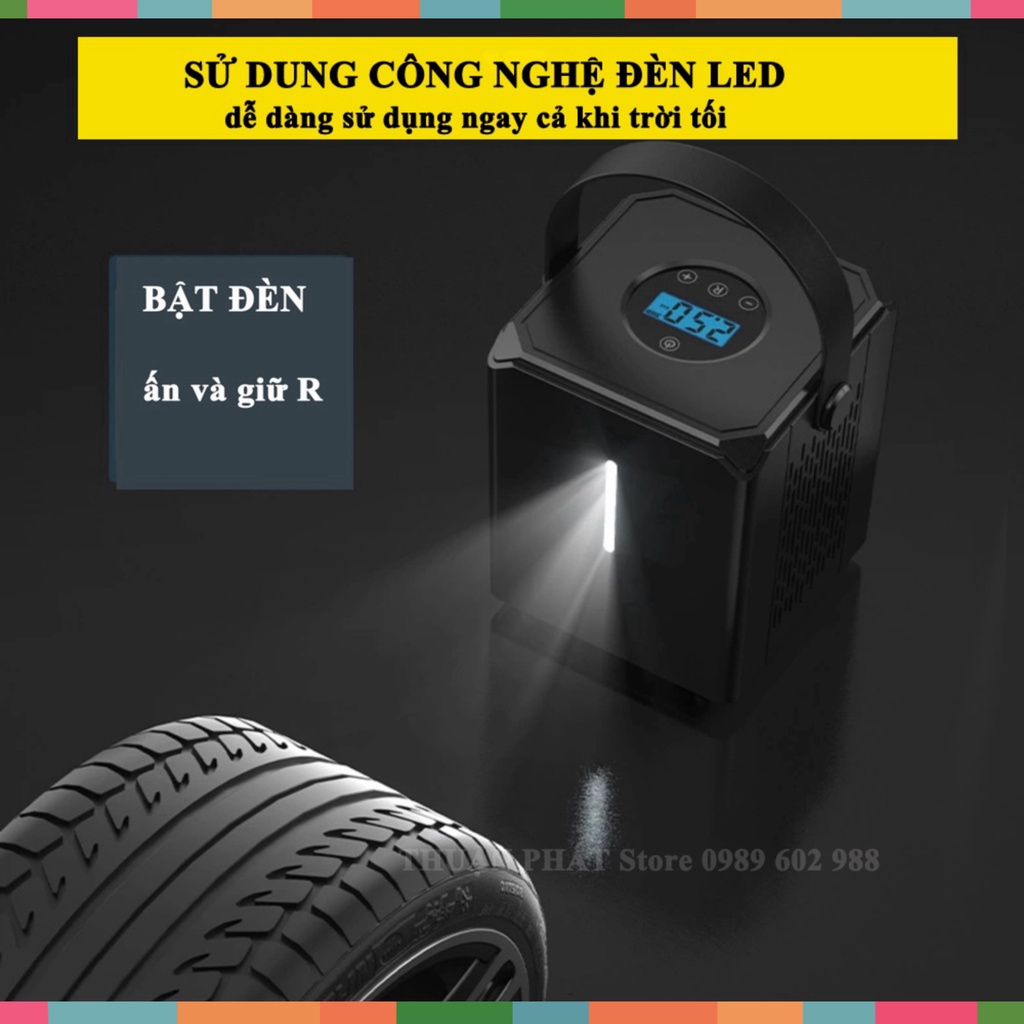 Bơm hơi mini 12v - Máy bơm xe ô tô 12v công suất 120w 2 in 1,tích hợp pin 6000 mAh,tự động ngắt,đèn LED chiếu sáng