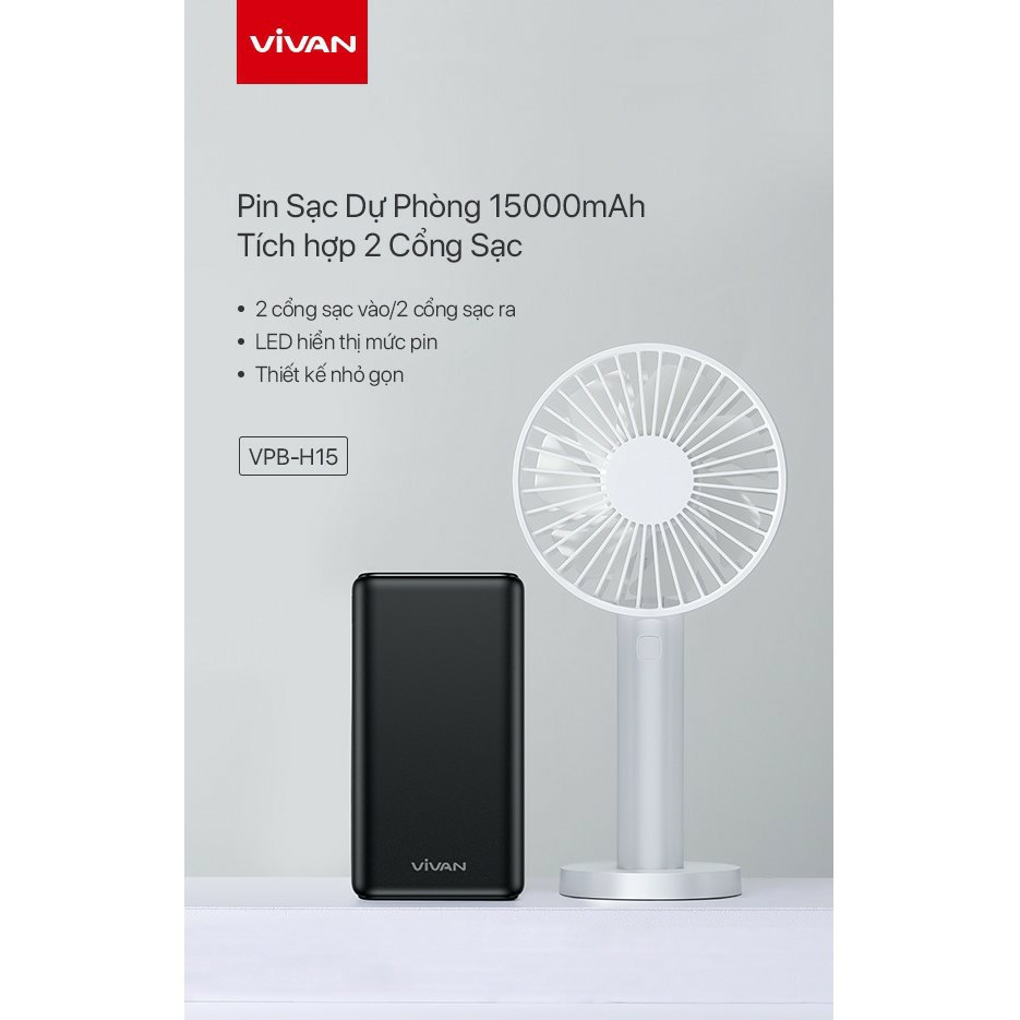 Pin Sạc Dự Phòng VIVAN 15.000mAh 12W 2 Cổng Đầu Ra/Đầu Vào - VPB-H15