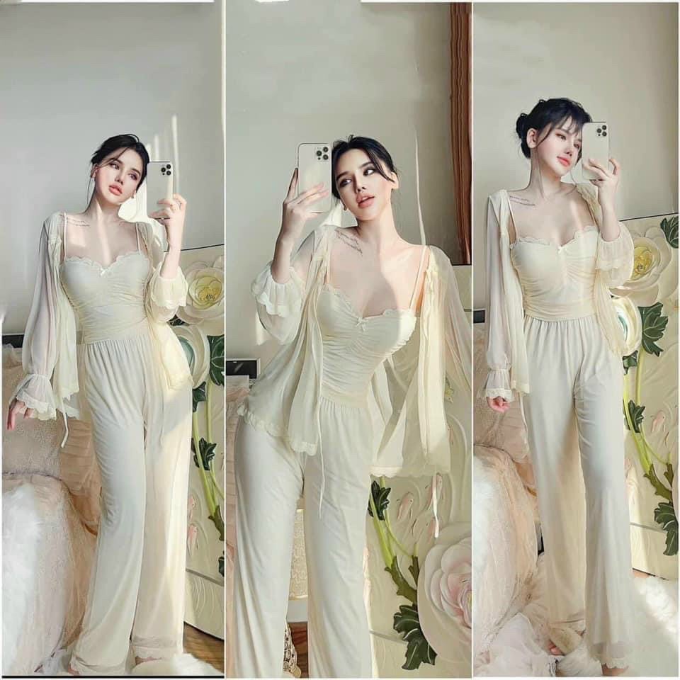 Freeship_Set bộ 3 món voan thun có lót màu be mềm - mịn - mướt_Hàng QCCC_SP027
