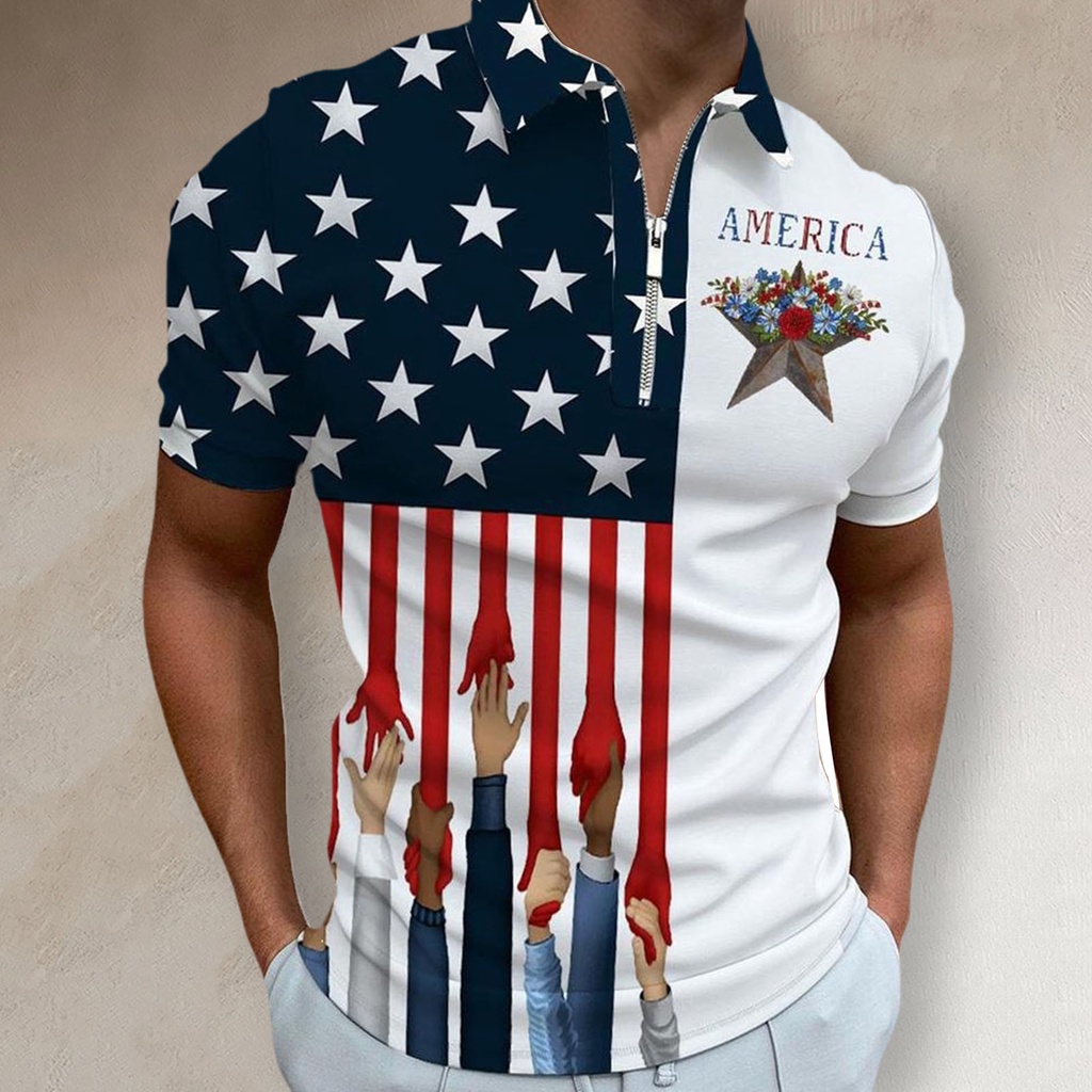 Áo Sơ Mi Cổ Bẻ In Hình Cờ Mỹ Màu Tương Phản Thời Trang Mùa Hè Cho Nam