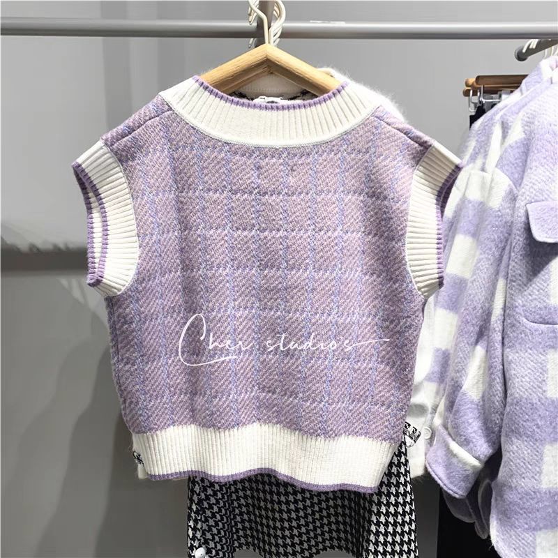 Áo dệt kim không tay cổ chữ V dáng ôm họa tiết sọc caro thời trang trẻ trung dành cho nữ