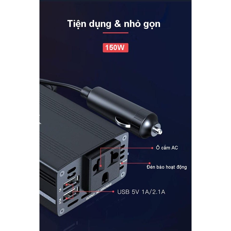 Bộ biến tần ô tô Yoobao 150W Yo_5266 hỗ trợ Đảo ngược 220V cho tất cả các xe ô tô đều tương thích - Chính Hãng