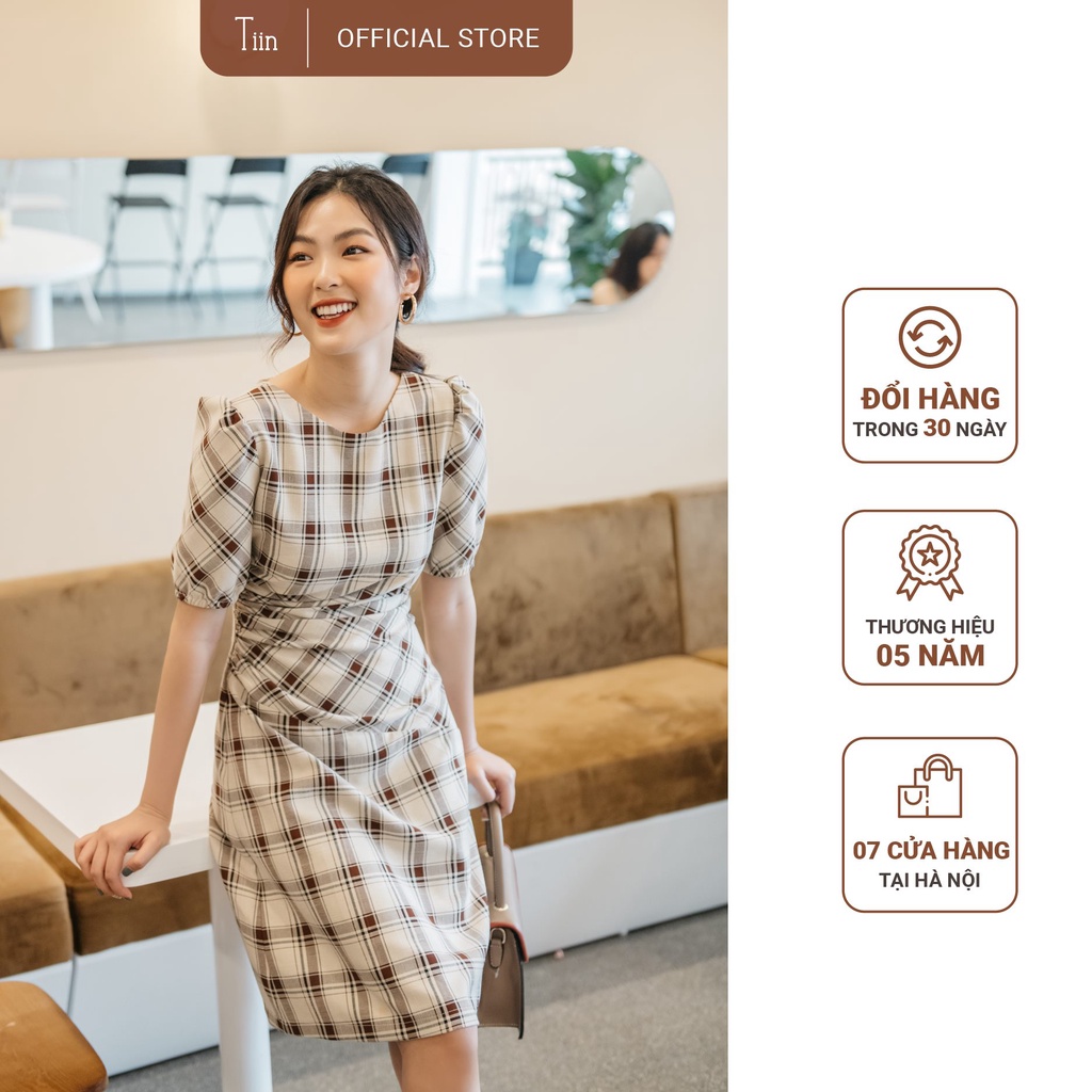 Váy thô đũi kẻ ô xoắn eo cổ tròn tay phồng TIIN STORE V0T267 | BigBuy360 - bigbuy360.vn