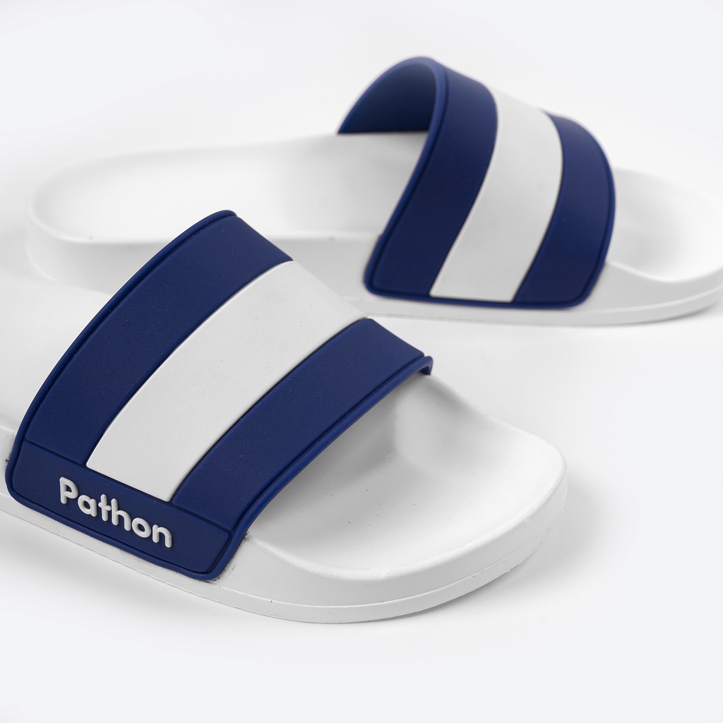 Dép nam nữ quai ngang slipper Pathon quai PVC và đế PU trắng quai sọc trắng xanh lớn SD37