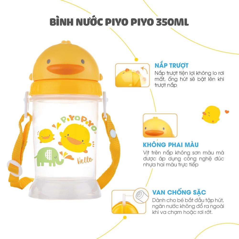 [Mã BMINC50 giảm 10% đơn 99K] Bình nước cho bé đi học có dây đeo Piyo Piyo 350ml, nắp trượt để mở, ống hút ngăn tràn