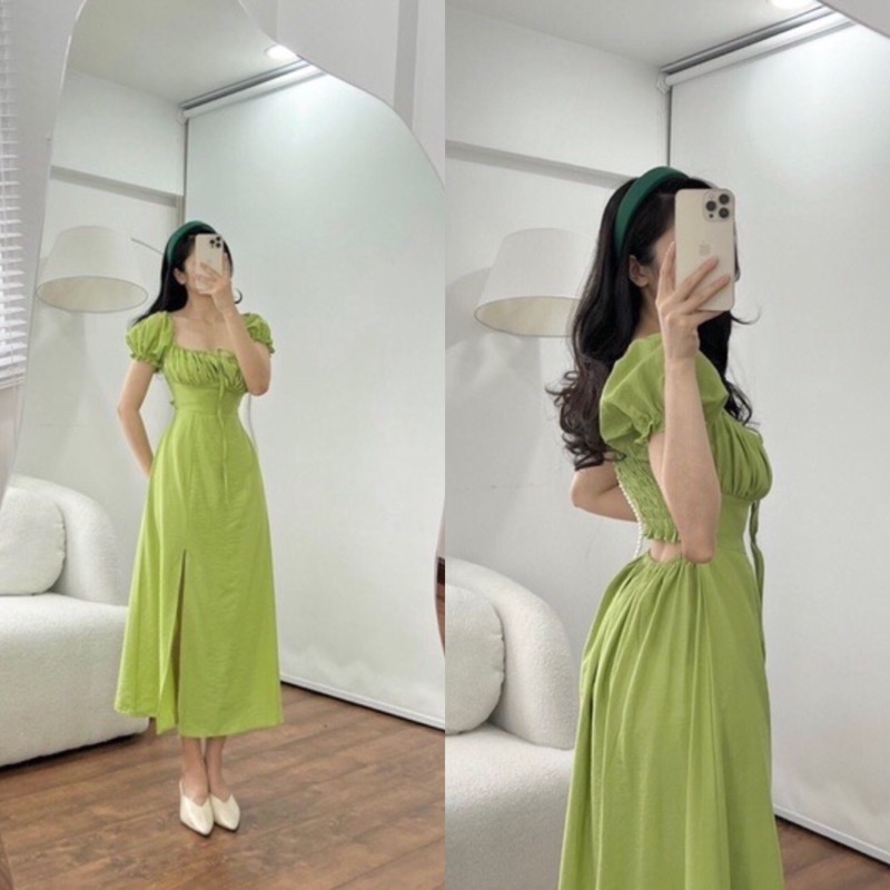 (Có BigSize) Đầm Váy Maxi Xanh Chuối Xẻ Tà Màu Hot Trend Năm Nay