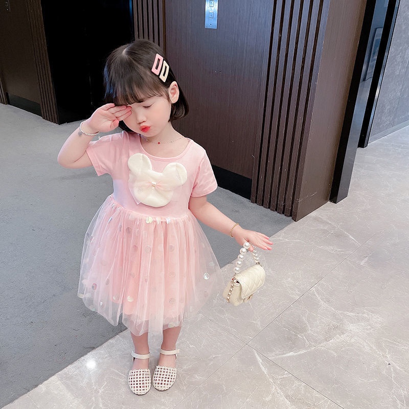 Đầm Công Chúa Tay Ngắn Phối Lưới Thiết Kế Mới Thời Trang Mùa Hè Theo Phong Cách Hàn Quốc Cho Bé Gái