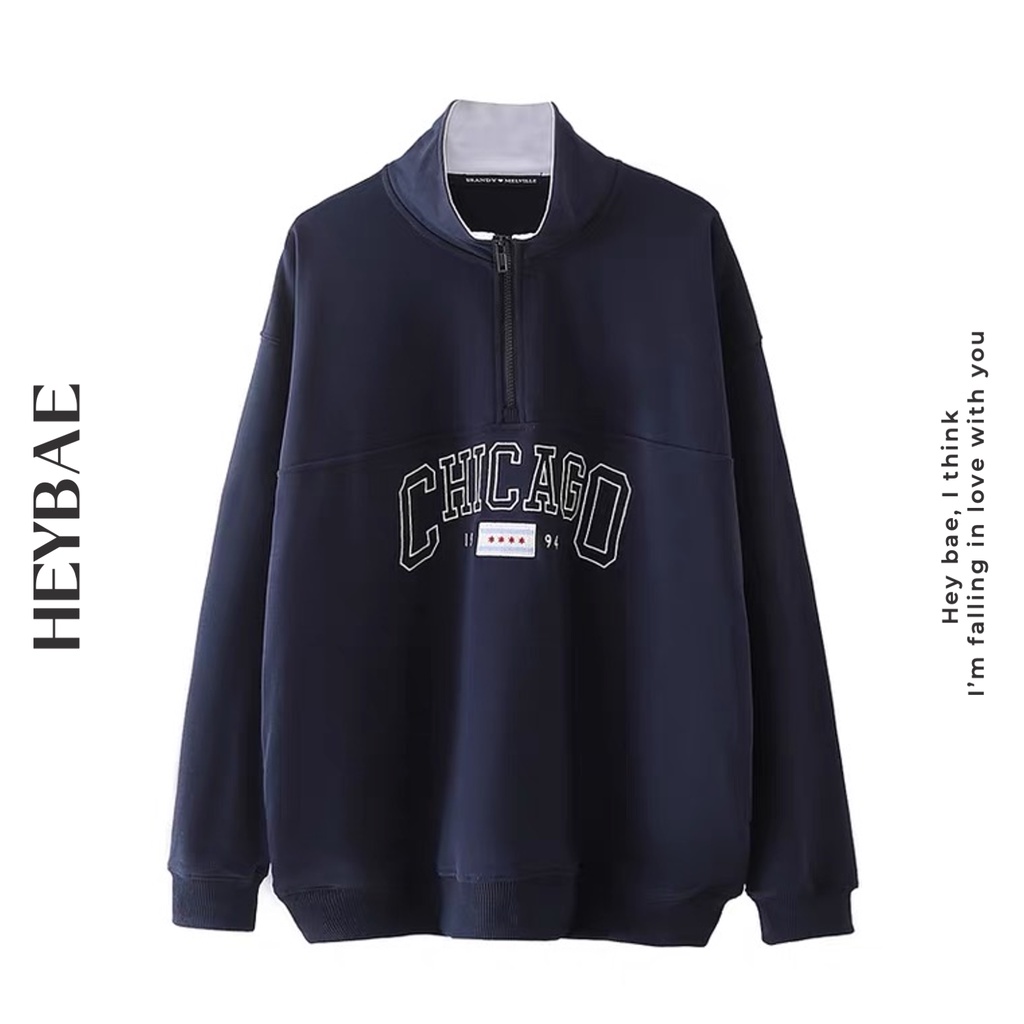 Áo sweater nỉ chui đầu oversize Chicago HEYBAE cổ bẻ khoá kéo dài tay dáng rộng vintage màu navy cho nữ AK004 | BigBuy360 - bigbuy360.vn