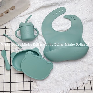 Set ăn dặm silicon 5 chi tiết Bobby Doll: bát ăn dặm silicon hình gấu, khay ăn dặm gấu kiêm nắo đậy, thìa, yếm, cốc