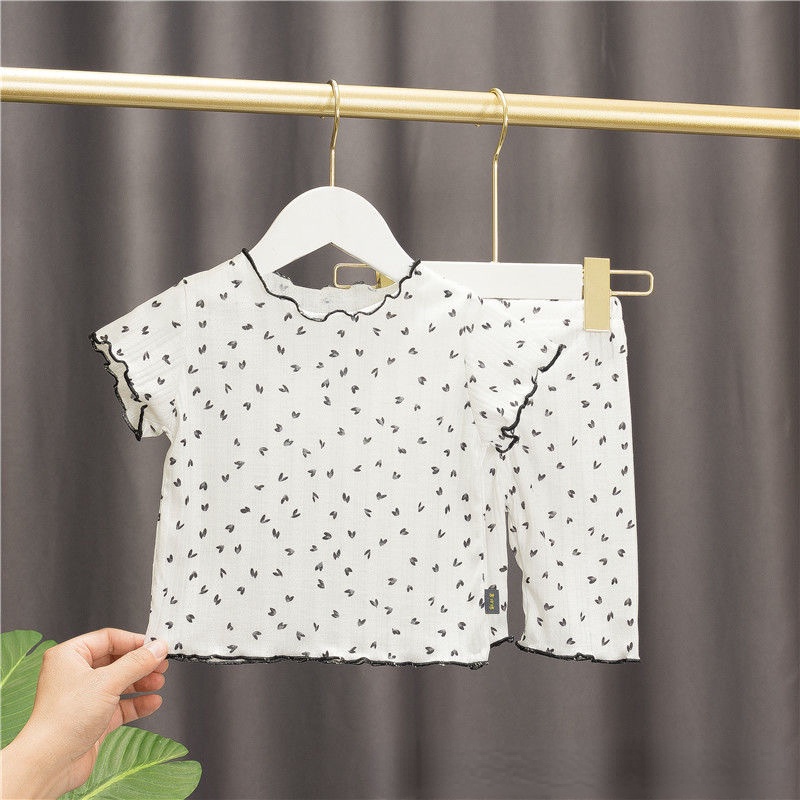 Bộ Đồ Ngủ Cotton Ngắn Tay In Họa Tiết Trái Tim Thời Trang Cho Bé Gái 0-7 Tuổi