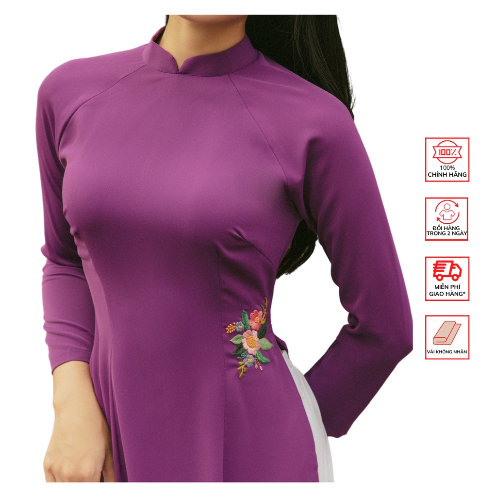 Áo Dài Lụa FOR HER Hoa Thêu Tím Đậm AD01685