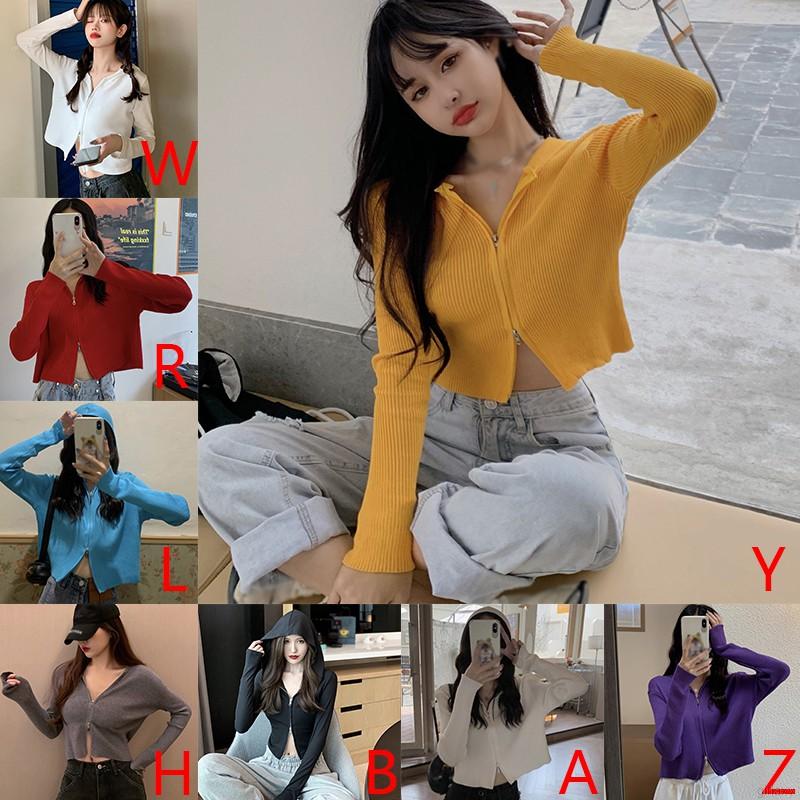 Áo cardigan dệt kim có nón trùm màu trơn phối khóa kéo phong cách Hàn Quốc cho nữ | BigBuy360 - bigbuy360.vn