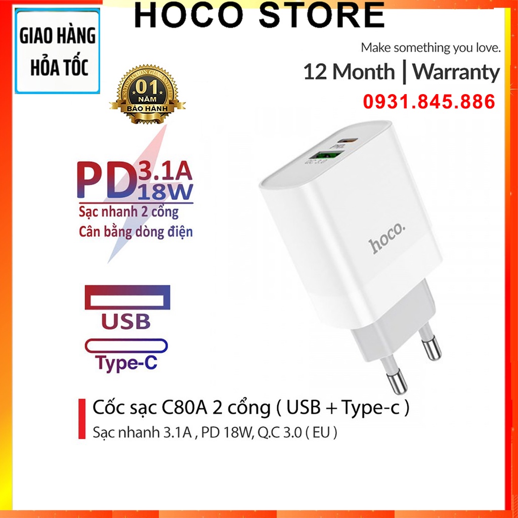 ✅Mới✅Củ Sạc HOCO C80/C80A sạc nhanh PD20W QC3.0/2.0 Sạc cho Smart phone - Table