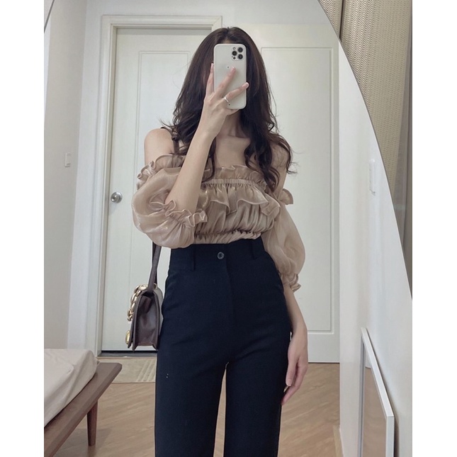 [Ảnh thật/Video] Áo Tơ Trễ Vai Suzy Ngực Bèo Nhún Sang chảnh Áo Trễ Vai Tay Bồng tiểu thư
