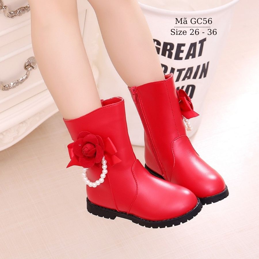 Bốt cho bé gái màu đỏ cổ cao dáng dài duyên dáng và dễ thương 3 - 12 tuổi phong cách Hàn Quốc GC56
