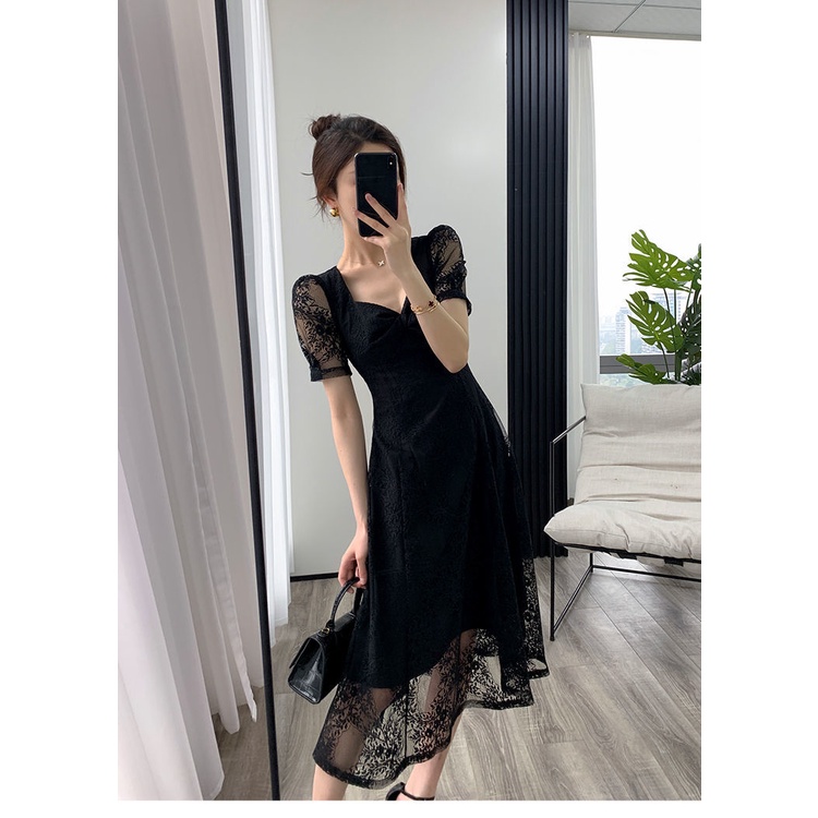 French temperament lace stitching dress 2022 summer new Hepburn wind short sleeve design slim dress women
