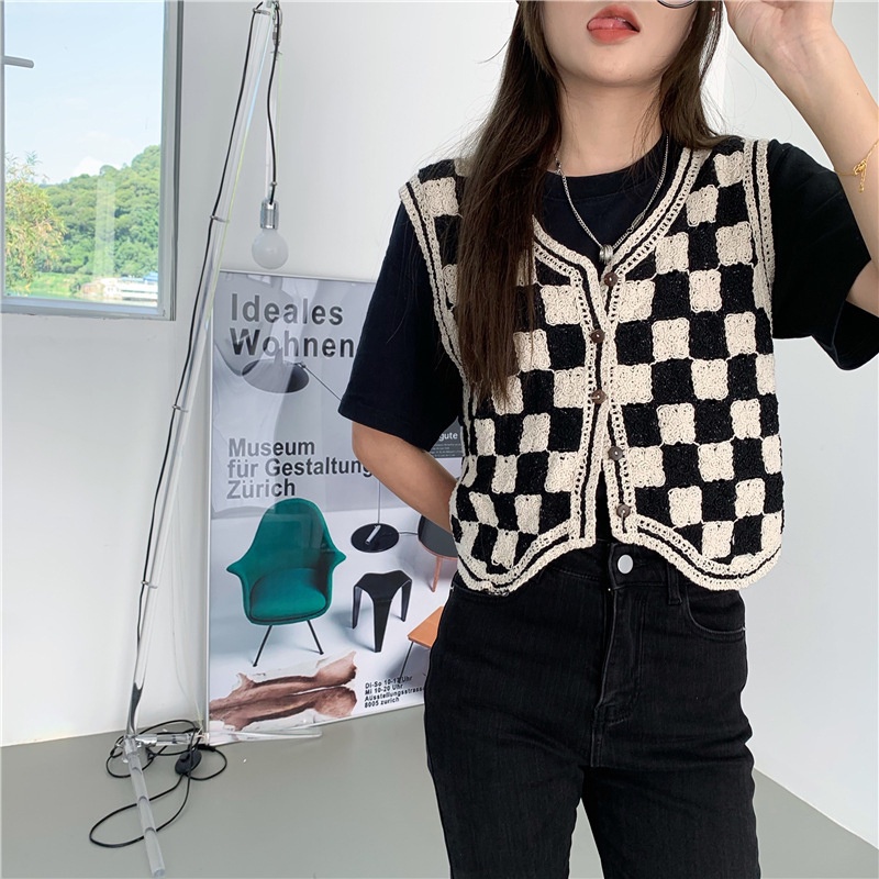 Áo Khoác Cardigan Không Tay Cổ Chữ V Họa Tiết Kẻ Sọc Kim Cương Thời Trang Thu Đông Dành Cho Nữ