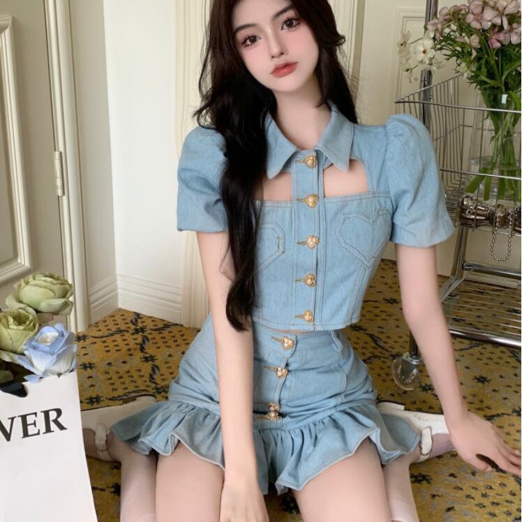 Jiashucheng Set Áo Và Chân Váy Denim Mùa Hè 2023 Phong Cách Hồng Kông Ngọt Ngào Cho Nữ