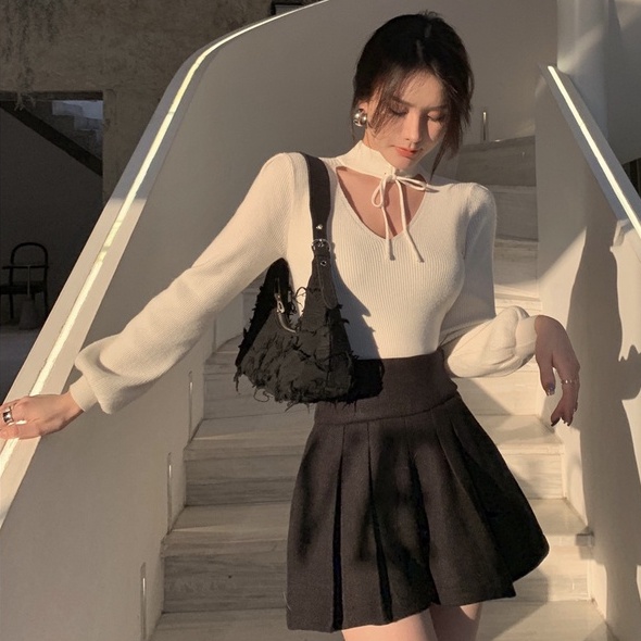 Áo sweater dệt kim ZHELIHANGFEI cổ V tay phồng gợi cảm thời trang cho nữ