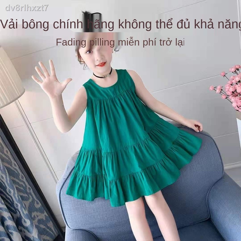 ❅Net nổi tiếng cô gái 2021 mùa hè mới tinh khiết cotton thuần màu váy không tay rộng rãi phong cách Hàn Quốc đi biển phư