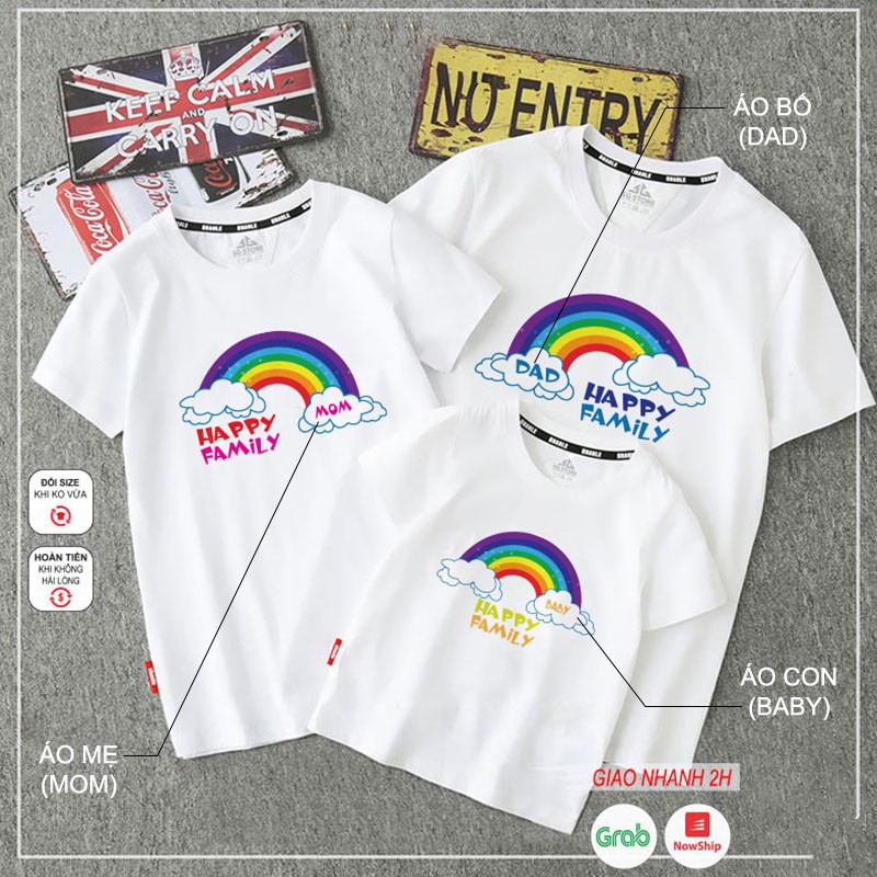 Áo đồng phục gia đình 3/4/5 người thun cotton mềm mịn mẫu cầu vồng màu trắng GD0015T Bin Action