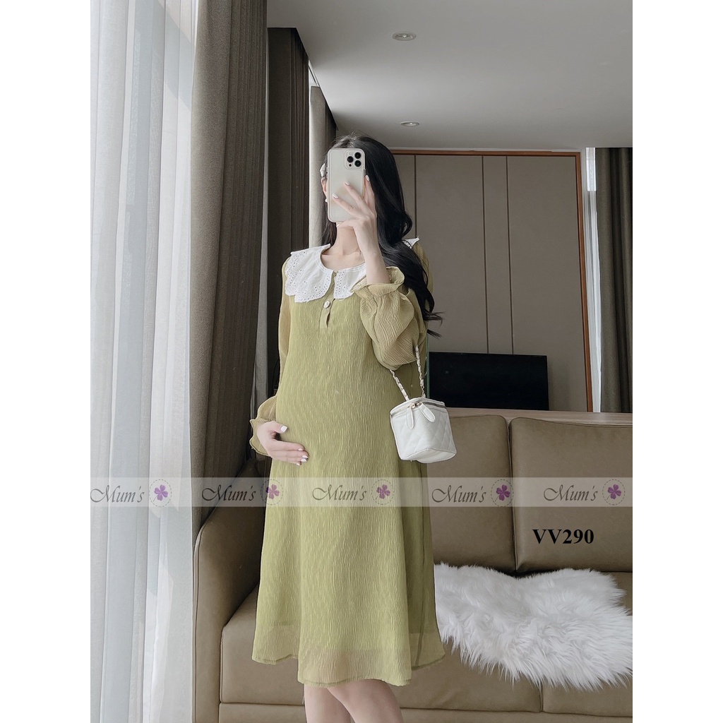 ĐẦM BẦU CÔNG SỞ MUM'S SHOP  FREESHIP  Váy bầu xinh -Dập xanh bơ cổ ren