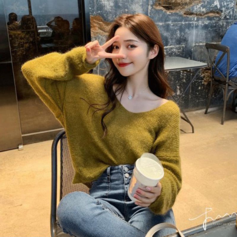 Áo Sweater Dệt Kim Tay Dài Thiết Kế Cổ Chữ V Thanh Lịch