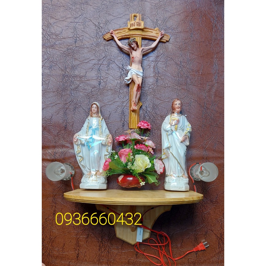 BỘ BÀN THỜ GỖ  TƯỢNG MẸ VÀ THÁNH CAO 30CM, THÁNH GIÁ CHÚA CAO 40CM MÀU TRẮNG(COMBO BÀN THỜ SIZE 30CM MINI