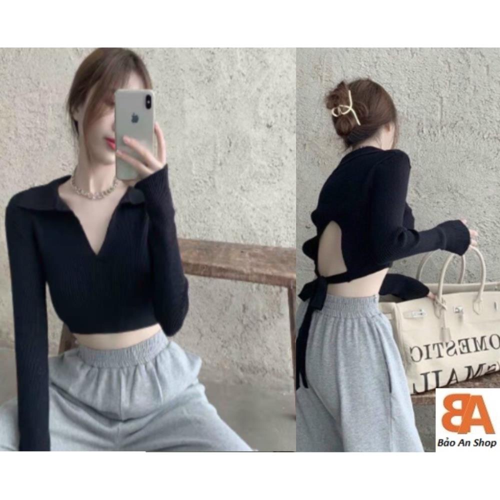Áo croptop cổ bẻ cột lưng tay dài Free Size dưới 52kg dành cho nữ [Hàng Đẹp] | BigBuy360 - bigbuy360.vn