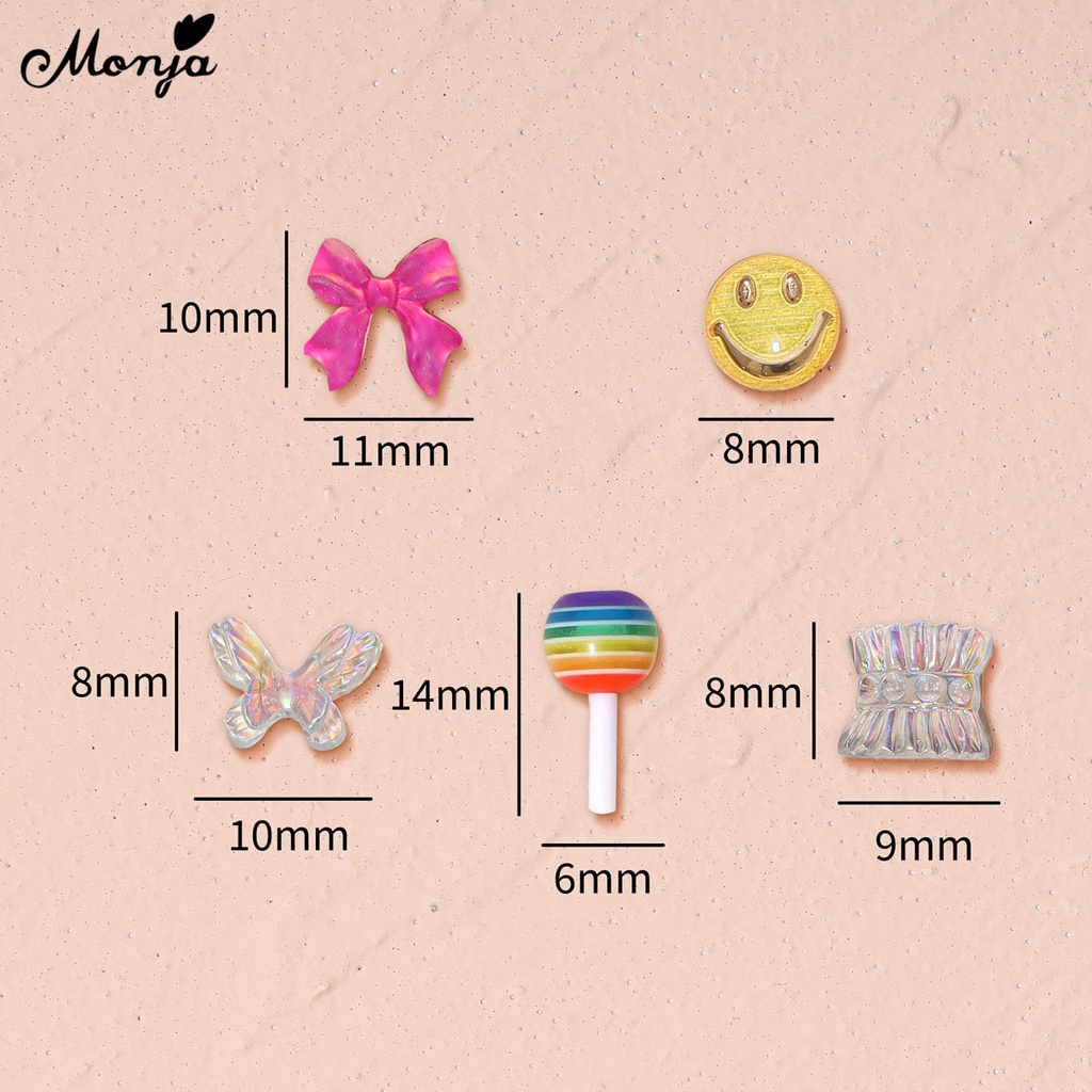 Túi 20 phụ kiện đính móng tay nghệ thuật MONJA kiểu nơ/ bướm/ mặt cười/ kẹo mút/ váy 3D nhựa resin nhiều màu xinh xắn