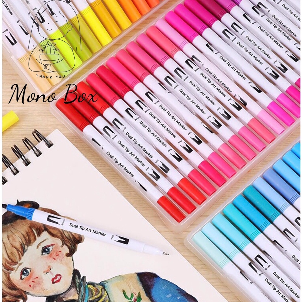 Bút lông bút brush 2 đầu bộ 12 màu sắc calligraphy, bút dạ màu trang trí sổ bullet, văn phòng phẩm tiện dụng Mono_box