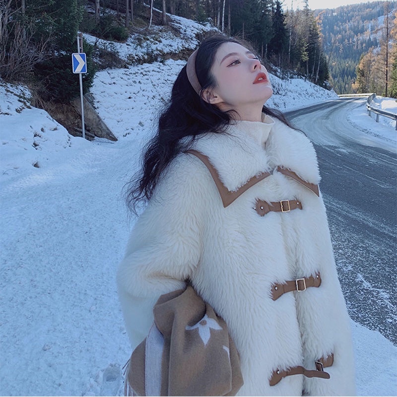 Áo lông nữ cổ V dáng dài phối da nâu nổi bật ấm áp TCC010 | BigBuy360 - bigbuy360.vn