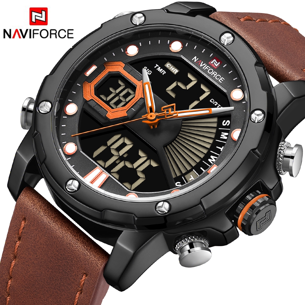 NAVIFORCE NF9172 Men Sport Fashion Leather Band Analog Digital Watch