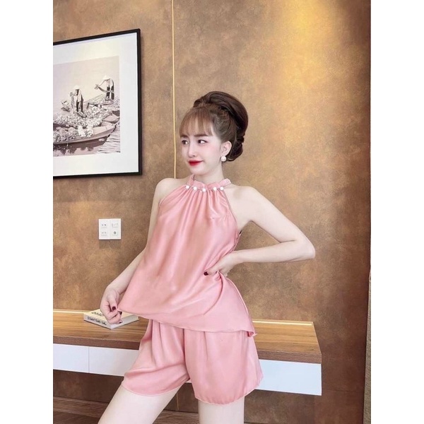 Bộ Ngủ Sexy- Yếm Ngủ Satin Đính Hạt Form 40-55kg