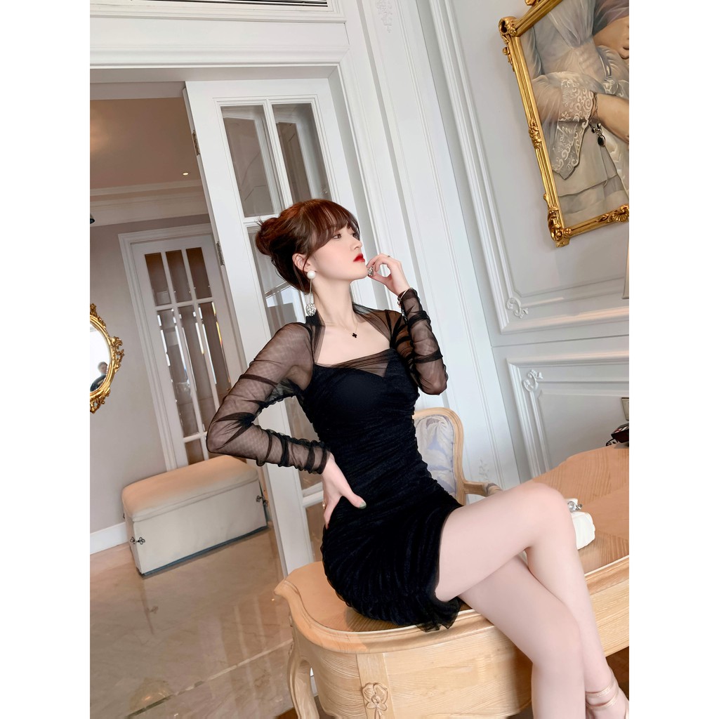 ZYHT Đầm Áo Tay Dài Ôm Dáng Cổ Vuông Phối Lưới Quyến Rũ Cho Nữ váy dạ hội 4316