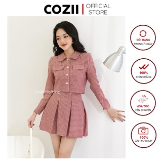 Set áo khoác dạ tweed cúc ngọc chân váy xếp ly s376
