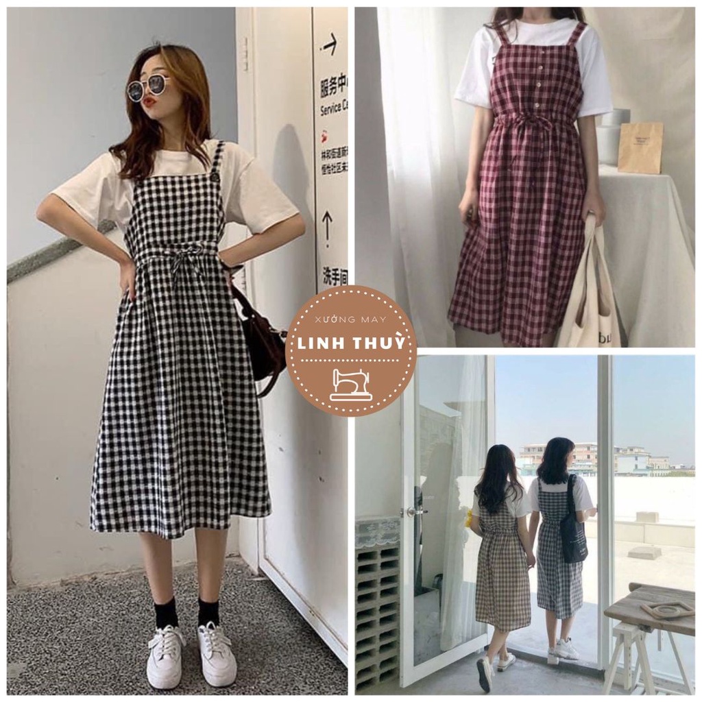 Set yếm kẻ caro kèm áo thun trơn nữ - Bộ đồ đầm mini dáng suông, váy xòe bánh bèo tiểu thư hàn quốc ulzzang