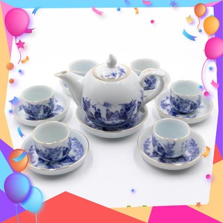 Bộ Ấm Chén Bát Tràng ⚡️𝐅𝐑𝐄𝐄 𝐒𝐇𝐈𝐏⚡️ men lam trúc lâm thất hiền vẽ vàng + Tặng hộp logo Bát Tràng