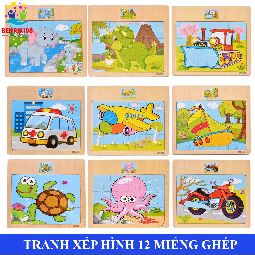 Combo 10 Tranh Ghép Bằng Gỗ 12 Miếng Ngẫu Nhiên Động Vật Giao Thông Cho Bé