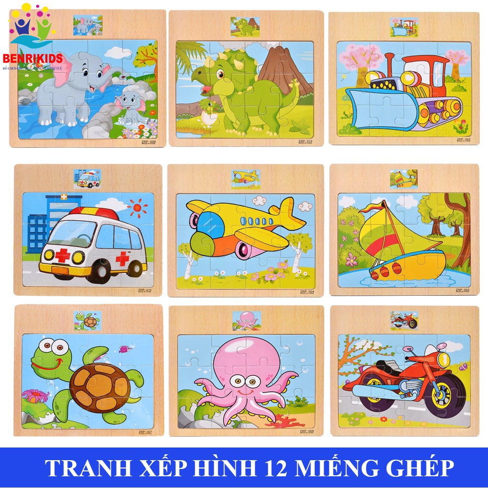 Set 8 Tranh Ghép 12 Miếng Bằng Gỗ Ngẫu Nhiên Động Vật Giao Thông Cho Bé