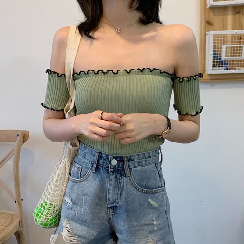 Áo Dệt Kim Tay Ngắn Thiết Kế Trễ Vai Quyến Rũ