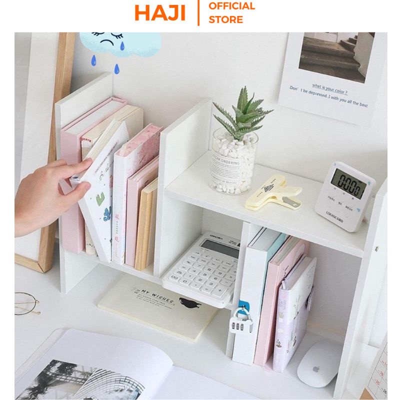 Kệ sách gỗ mini để bàn đa ngăn tiện lợi, Kệ gỗ trang trí phong cách Vintage hiện đại xinh xắn thương hiệu HAJI A62