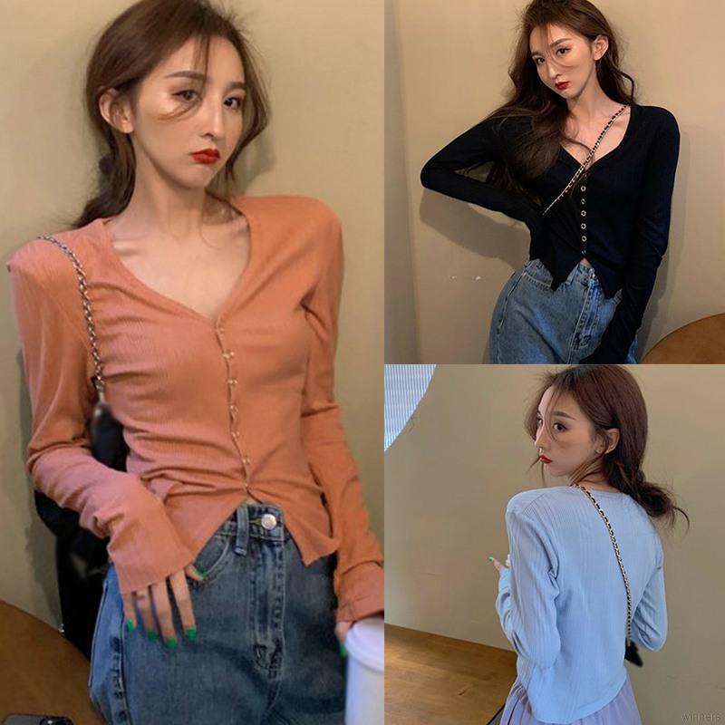 Áo Cardigan Dệt Kim Tay Dài Cổ Chữ V Dáng Ôm Quyến Rũ Cho Nữ