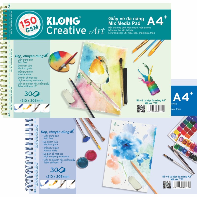 SỔ VẼ LÒ XO KLONG CREATIVE ART A5 - 150 GSM - 40 TỜ; MS: 770 / 150 GSM - 50 TỜ; MS: 771 / A4 - 150 GSM - 30 TỜ;MS: 772