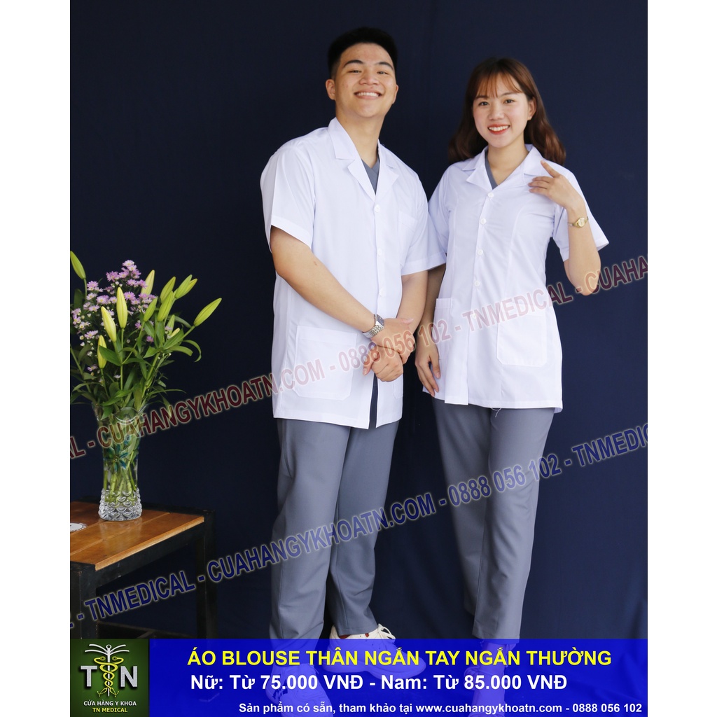 ☘ Áo Blouse (Blue) Tay Ngắn, Thân Ngắn Dược Sĩ, Điều Dưỡng, Y Tá - Thương hiệu TN Medical