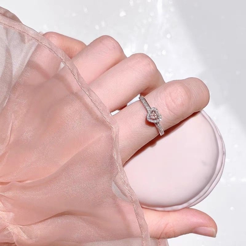 Nhẫn Đính Hôn Bạc 925 Hình Trái Tim Đính Đá Zircon Hồng Có Thể Điều Chỉnh Kích Cỡ