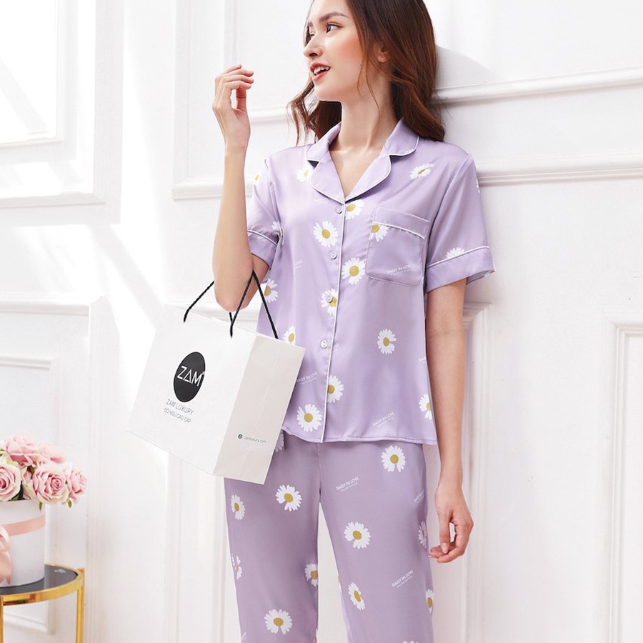 Bộ đồ ngủ satin ZAM Luxury - SLA25 - Áo ngắn tay quần lửng hoạ tiết