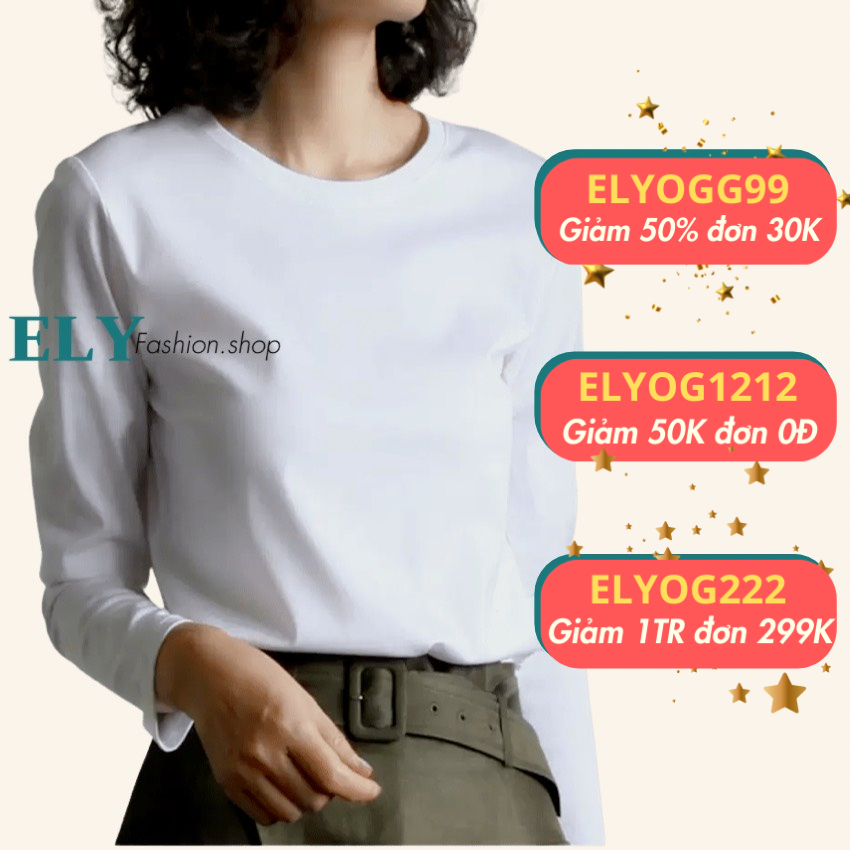 Áo thun nữ tay dài cổ tròn form ôm chất cotton bozip, áo phông nữ dáng trơn basic màu trắng đen hàn quốc xinh EL235.
