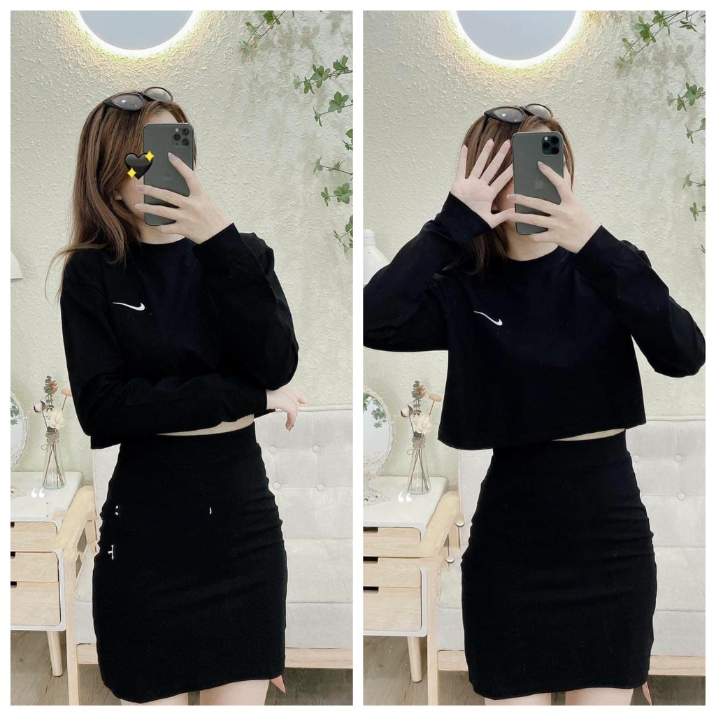 Set áo thun croptop dài tay và chân váy chữ A chất bozip mềm mịn - CUTEZOO